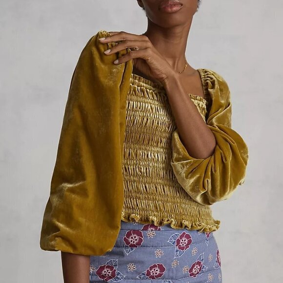 NWT Anthropologie Gold Puff-Sleeved Velvet Blouse, size small - Picture 1 of 10